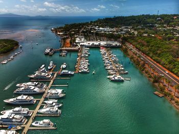 High angle view of boats in sea port marina