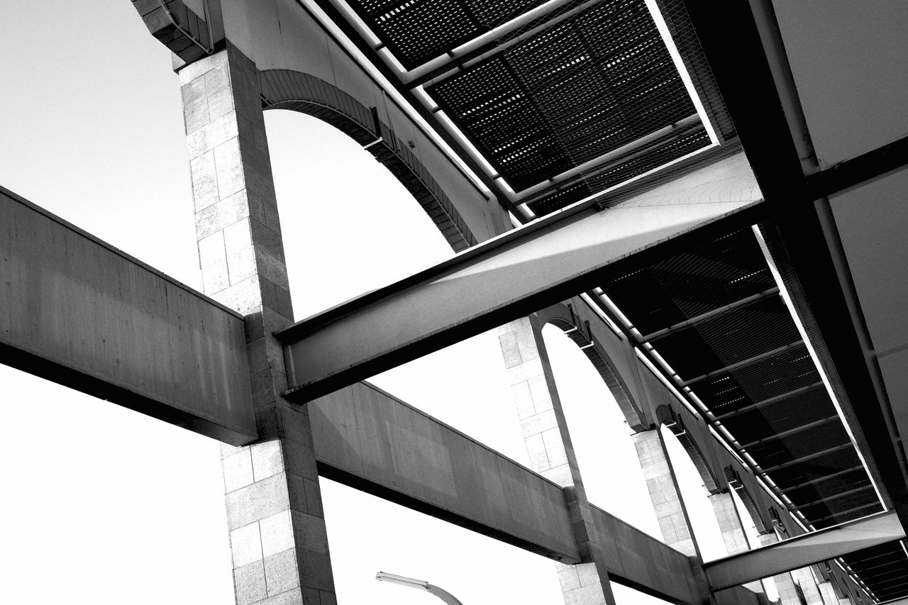 architecture, built structure, low angle view, black and white, building exterior, city, monochrome, monochrome photography, black, no people, building, white, glass, sky, line, day, window, clear sky, office building exterior, outdoors, office