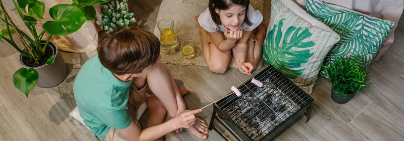 Top view of brothers camping at home toasting marshmallows