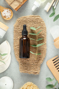 High angle view of beauty products on table