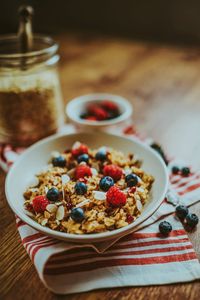 Close-up of breakfast served on table