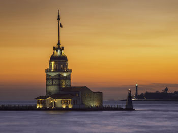 Lighthouse by building against sky during sunset