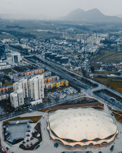 High angle view of buildings in city during winter