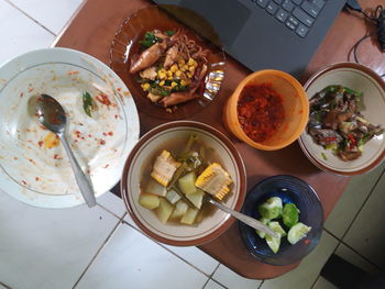 High angle view of food served on table