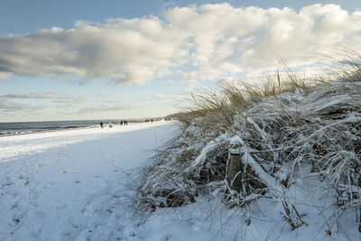 Snow on beach against sky