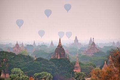 Hot air balloons flying over bagan archaeological zone