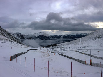 Scenic view of snow covered mountains against sky