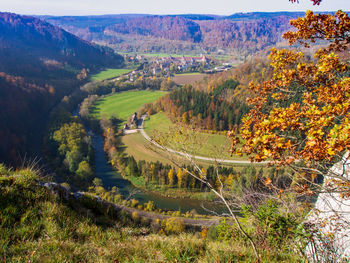 High angle view of road amidst trees during autumn