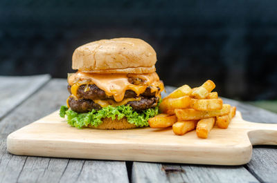 Close-up of burger on cutting board