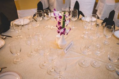 High angle view of wineglasses on table