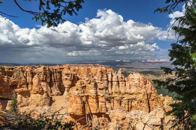 Scenic view of rock formations against cloudy sky