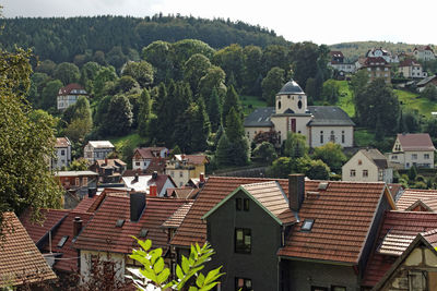 High angle view of buildings in town