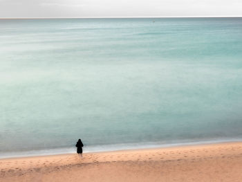 Rear view of woman walking at beach against sky