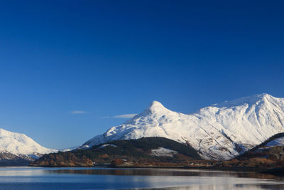 Scenic view of lake and snowcapped mountains against clear blue sky