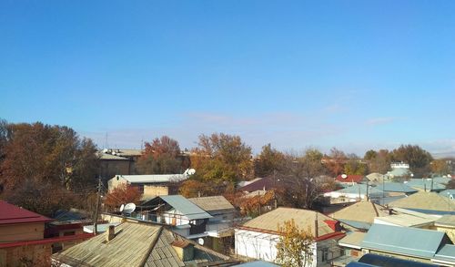 High angle view of townscape against clear blue sky