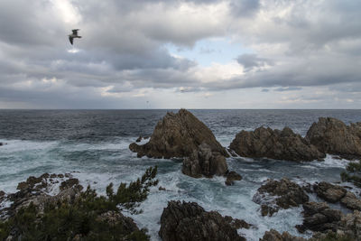Seagull flying over sea waves by rock formations against cloudy sky