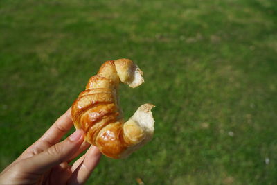 Close-up of hand holding bread on field