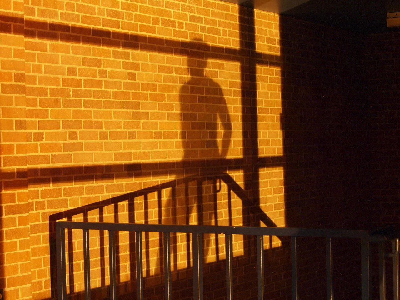 SHADOW OF WOMAN STANDING ON RAILING AGAINST YELLOW WALL