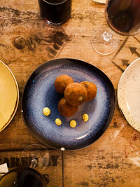 High angle view of food served on table