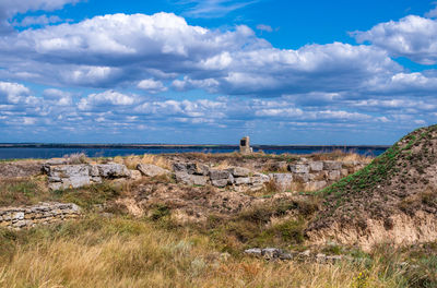 Ancient greek colony olbia on the banks of the southern bug river in ukraine on a cloudy summer day.