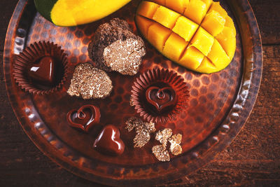 High angle view of chocolate cake on table