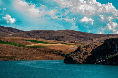 Scenic view of lake and mountains against sky