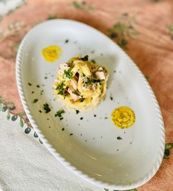 High angle view of food in plate on table