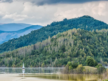 Scenic view of lake and mountains against sky