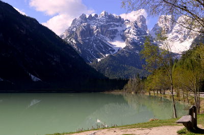 Scenic view of lake and snowcapped mountains against sky