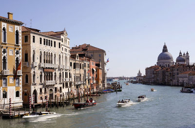 Venice, italy. grand canal, monuments, palaces, basilica della salute, perspective, soft light, boat