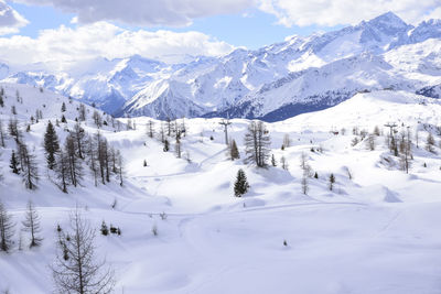 Scenic view of snowcapped mountains against sky