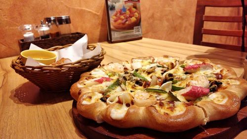 Close-up of cake served on table in restaurant