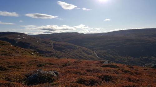 Scenic view of landscape and mountains against sky