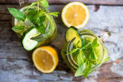 Close-up of minty lemonade on wooden table