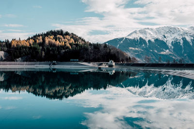 Scenic view of lake by snowcapped mountains against sky