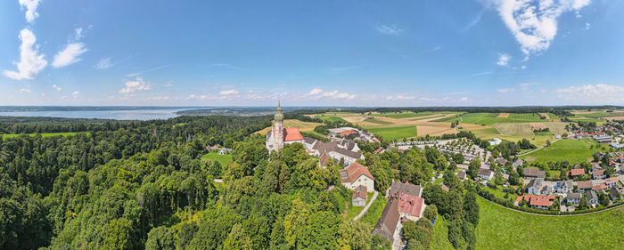 Aerial view on the andechs monastery and the ammersee lake in summer