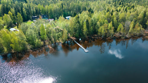 Aerial photography. a beautiful landscape, a lake, a forest, a small village from a bird's eye view. 