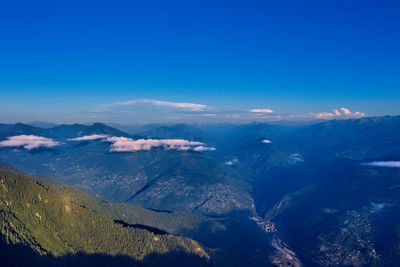 Aerial view of dramatic landscape against blue sky