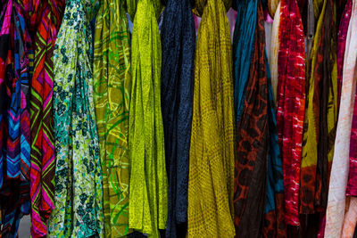 Full frame shot of multi colored fabrics for sale in market