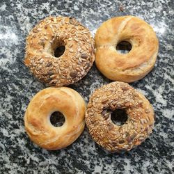 High angle view of donuts on table