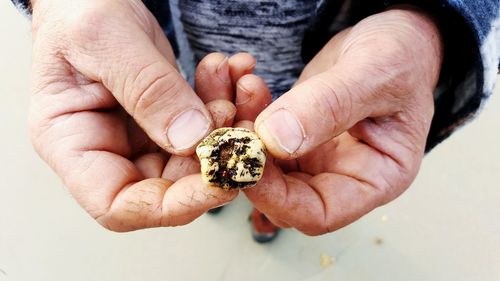 Low section of man holding broken rock