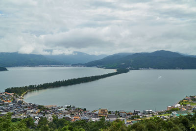 Scenic view of lake by townscape against sky