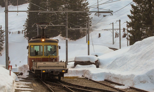 Snow covered railroad tracks by trees during winter