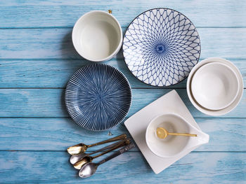 High angle view of breakfast on table