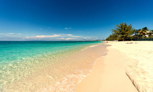 Scenic view of beach against blue sky