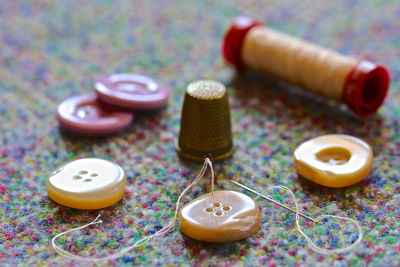 High angle view of candies on table