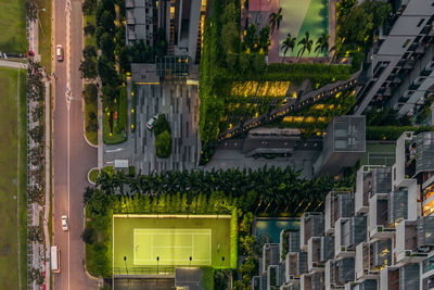 High angle view of buildings in city