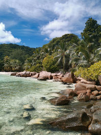 Scenic view of rocks by sea against sky