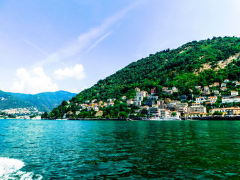 Scenic view of sea and buildings against sky