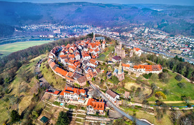 High angle view of townscape and buildings in city